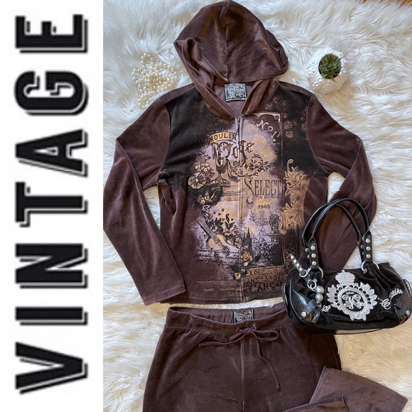 🔥Rare🔥 Y2K Vintage Brown Velour Embellished Track Suit, XL, Made in 🇺🇸 - Picture 7 of 16